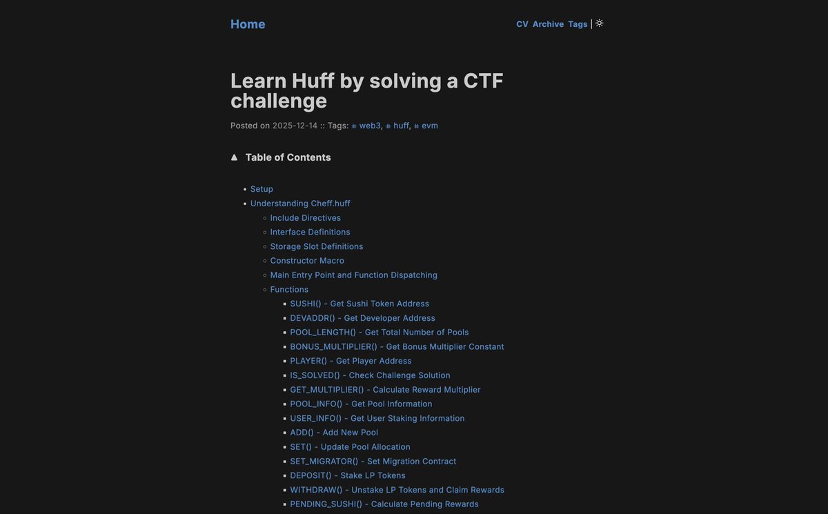 Learn Huff by solving a CTF challenge: themj0ln1r.github.io/writings/learn…

This post walks through a MasterChef Huff-based CTF challenge in depth by tracing the stack after every opcode and reconstructing each function in Solidity, to help you build a stronger intuition for EVM internals.