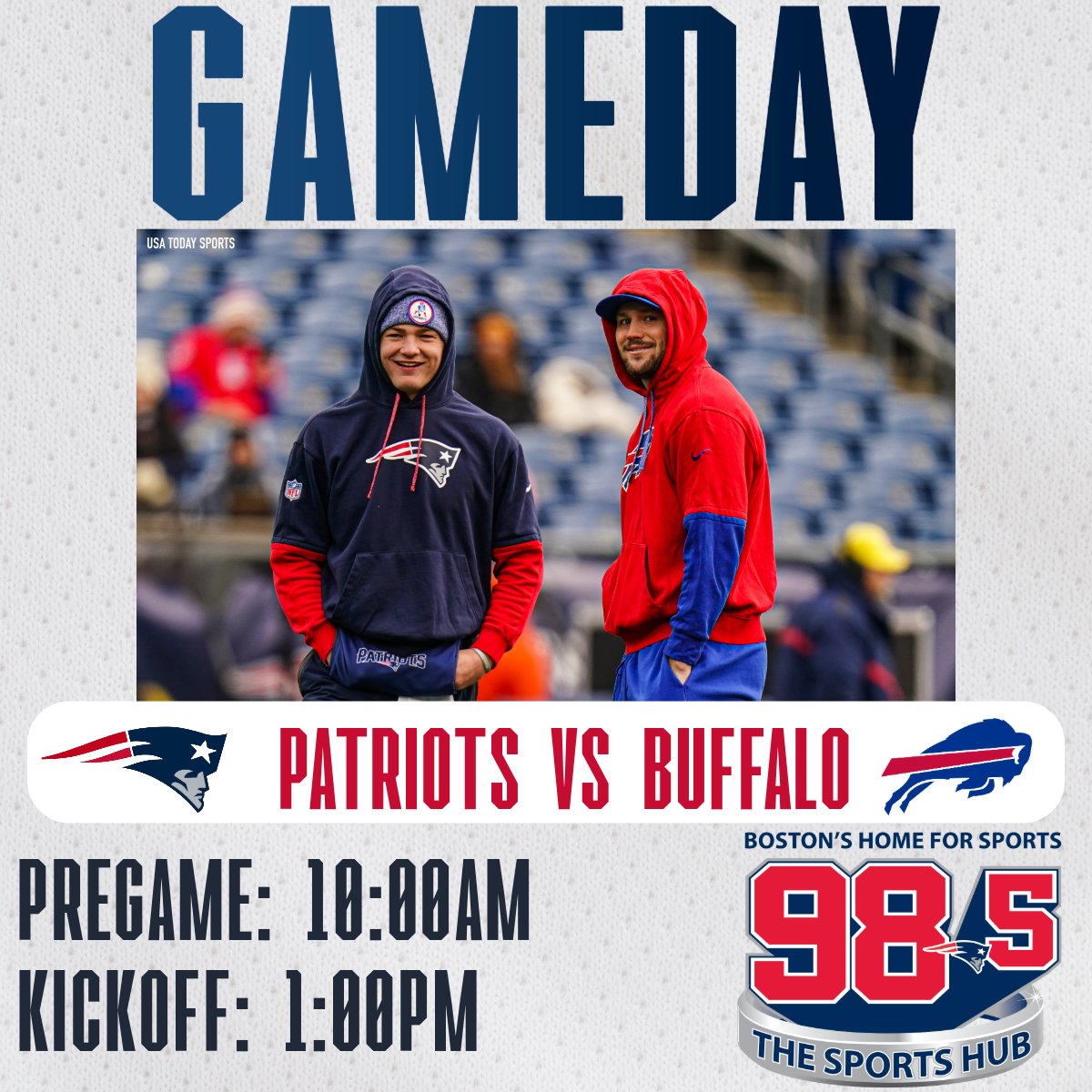 985TheSportsHub's tweet image. The Patriots hosts Buffalo this afternoon in Foxboro. @bigjimmurray and @cgasper are live with Patriots Preview at 10am
