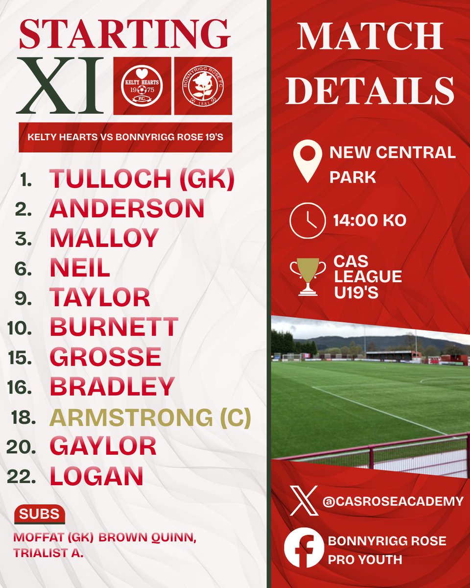 𝑺𝒕𝒂𝒓𝒕𝒊𝒏𝒈 𝑿𝑰 1️⃣1️⃣

Our 19's side to take on Kelty Hearts ⤵️