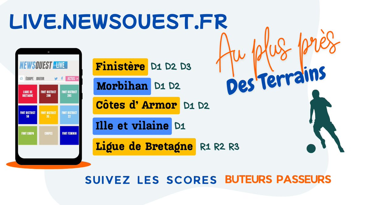 [ Football]
Finistère/Morbihan/Côtes d'Armor/Ille et Vilaine: près de 550 matchs de football amateur en Bretagne sont à suivre en ce dimanche après-midi 

live.newsouest.fr