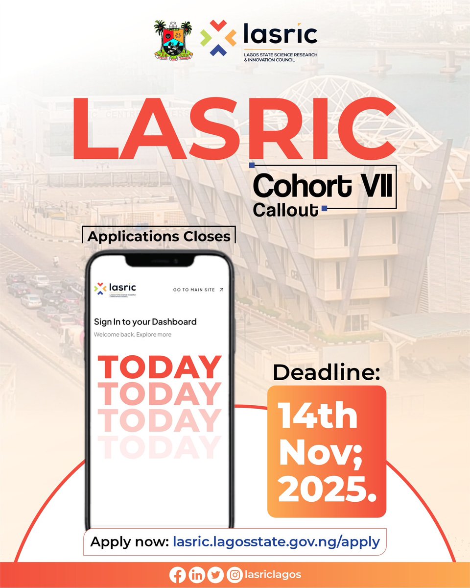 Lasriclagos's tweet photo. Final Call: LASRIC Cohort VII Closes Today!

This is your last chance! LASRIC Cohort VII applications close tonight at 11:59 PM.
If you’re an innovator or founder with an MVP or working solution, don’t miss this opportunity to secure funding, mentorship, https://t.co/mIOvd9rAyd