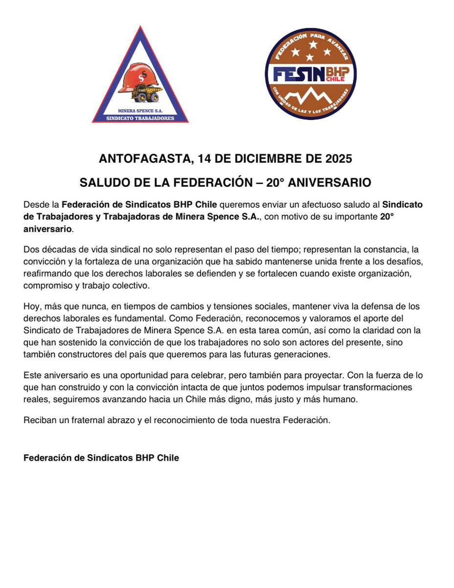 20 años de organización y compromiso colectivo.
Desde la Federación de Sindicatos BHP Chile saludamos y reconocemos la historia, la convicción y la unidad que han sostenido este camino.
Porque los derechos se defienden organizados y el futuro se construye juntos. ✊