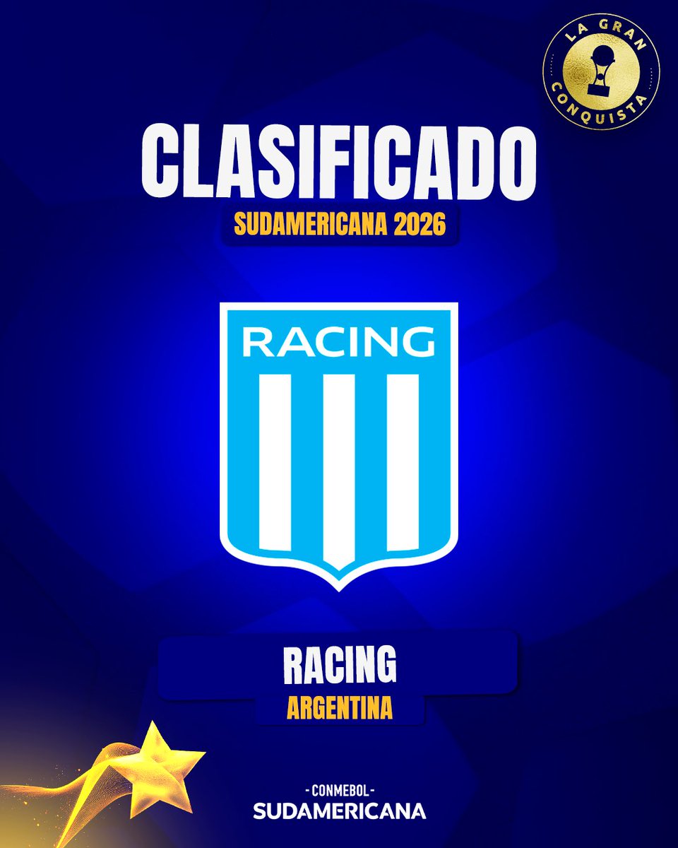 Sudamericana's tweet image. 👋🔵⚪️ ¡Bienvenido! @RacingClub, campeón 2024, jugará la CONMEBOL #Sudamericana 2026.

#LaGranConquista