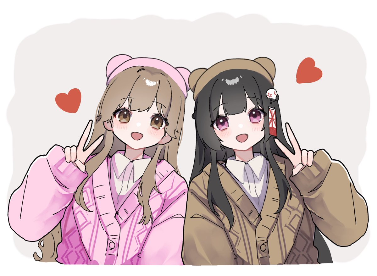 たんちゃん　ペアキャラ　手描き　イラスト　リクエスト おむむ@Omu3888 にXmasプレゼント- ̗̀🎁 ̖́- くまちゃん🧸ペア画♡ 2人