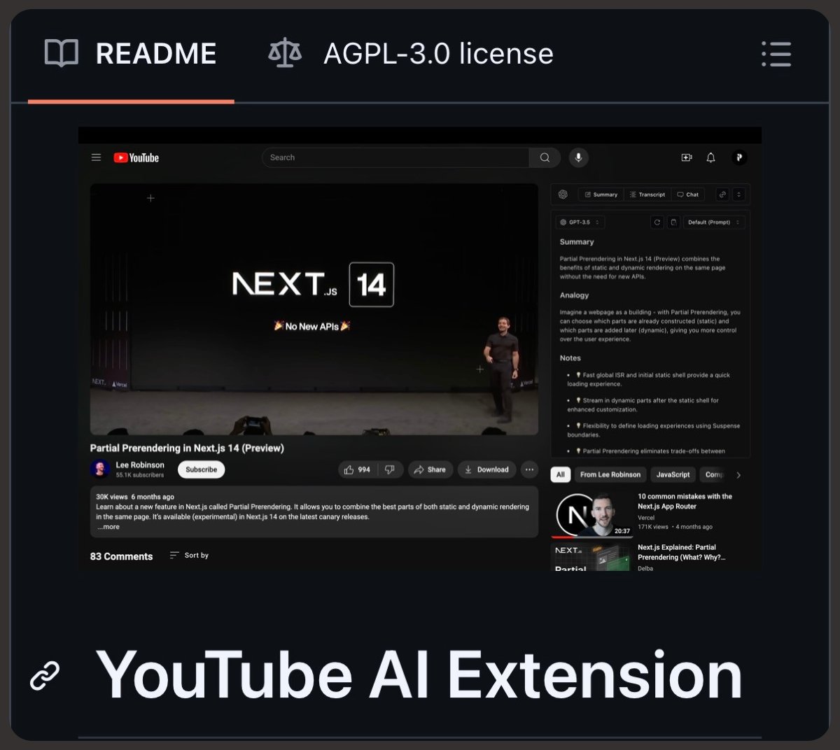 一個開源瀏覽器擴充程序，可為你的 YouTube 瀏覽器添加 chatgpt 功能。