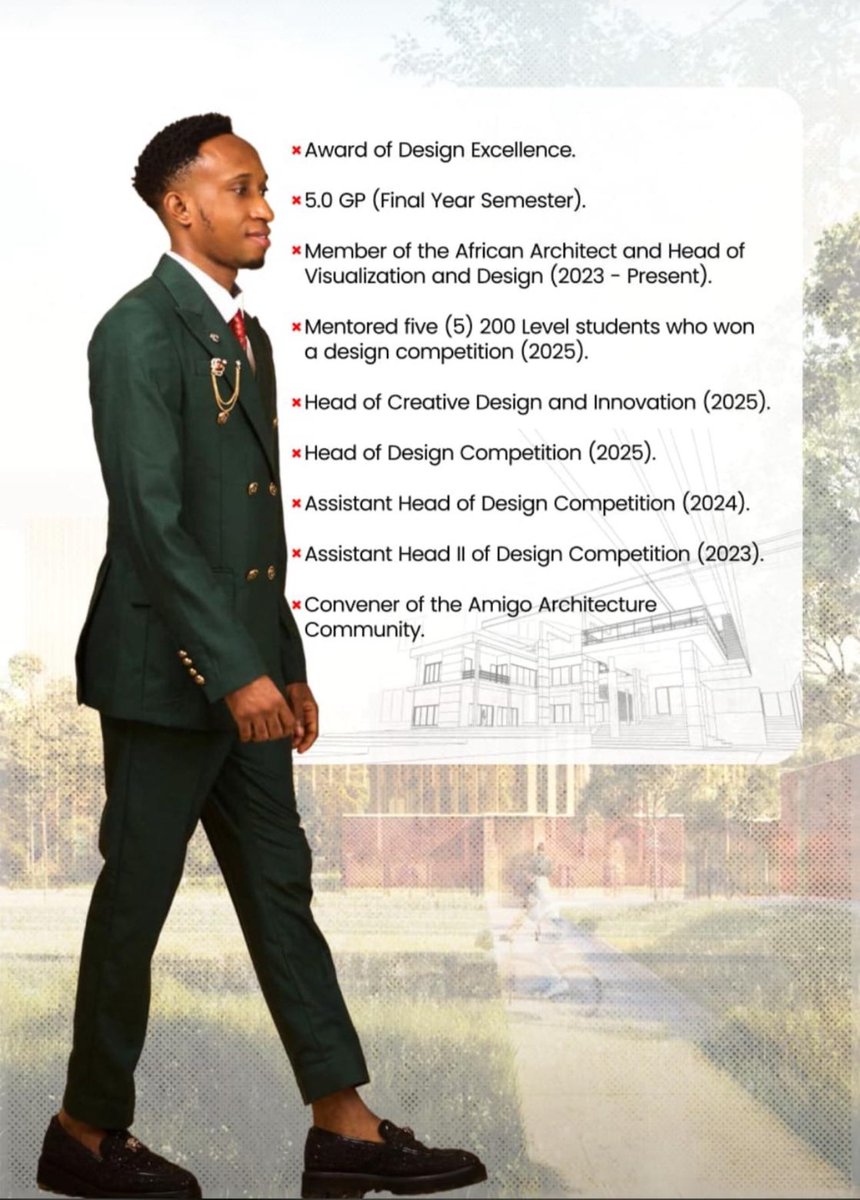 Hello Mayowa, 

We celebrate you and every graduating students of the Obefemi Awolowo University. 

Thanks for all the you’ve done for us all at THE AFRICAN ARCHITECTS’ you’re indeed a rare gem.

We are rooting for you, Keep growing and glowing.

#AmigoArchitecture
