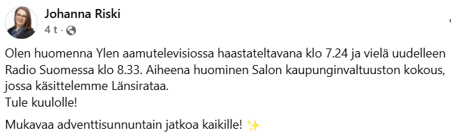 Onko läsnä myös tietoon perustuvaa näkökulmaa, kun keskustellaan jopa miljoonien arkeen vaikuttavasta investoinnista? 

Väyläviraston arvio TEN-T asetuksen täyttämiseksi rantaradalla 3,2 mrd euroa v. 2018.

<a href="/PekkaOttavainen/">Pekka Ottavainen</a> <a href="/lansirata/">Länsirata Oy</a> <a href="/minnaarve/">Minna Arve</a> <a href="/VSliitto/">V-S liitto</a> <a href="/LaineMalla/">Malla Rannikko-Laine</a>