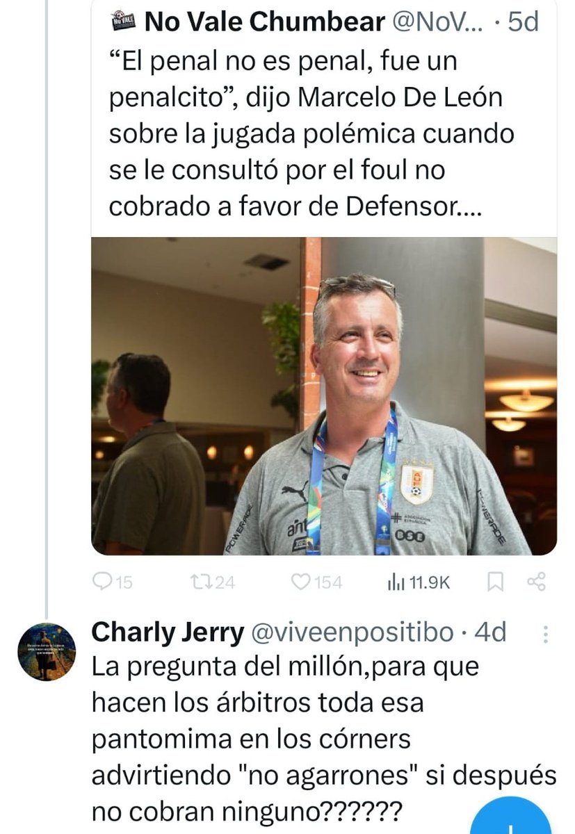 ArbitrajeU's tweet photo. MIRÁ QUIÉN VOLVIÓ A TWITTER🐦

El padre del árbitro F…ifa volvió a la carga. Tras haber tenido que cerrar su cuenta personal, reaparece con un nombre falso (Charly Jerry – @viveenpositibo).

Además de insultarme y defender al “nene”, esta vez fue más lejos: habló mal de varios compañeros de su hijo e incluso del propio Colegio de Árbitros.

Después, el árbitro F…ifa llama a periodistas para decir que “no tiene relación con su papá”.
Pero los hechos muestran otra cosa.

¿Será su modus operandi?🤔