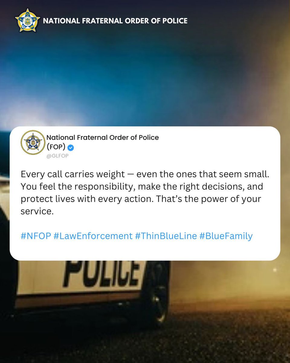 GLFOP's tweet photo. The weight of the badge is heavy, but you carry it with skill, heart, and pride. Every decision matters, and you handle it with dedication only true officers can.
#CarryTheWeight #FOPFamily #PoliceStrength #HoldTheLine #DutyAndHonor https://t.co/KN80G7ZnSq