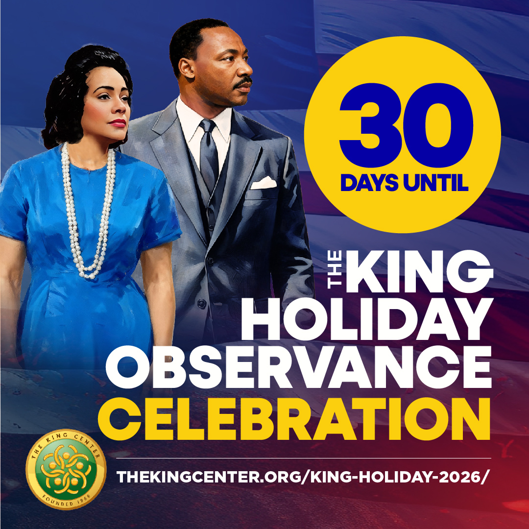 BerniceKing's tweet photo. We’re about one month away from launching the 2026 King Holiday Observance. Thousands will gather in Atlanta and online to learn, serve, and commit to nonviolence as a way of life.

Mark your calendars & invite others.

Details: https://t.co/q2no2sIiet

#KHO26 #BelovedCommunity #TheKingCenter #Nonviolence365 #MLKDay #MLK