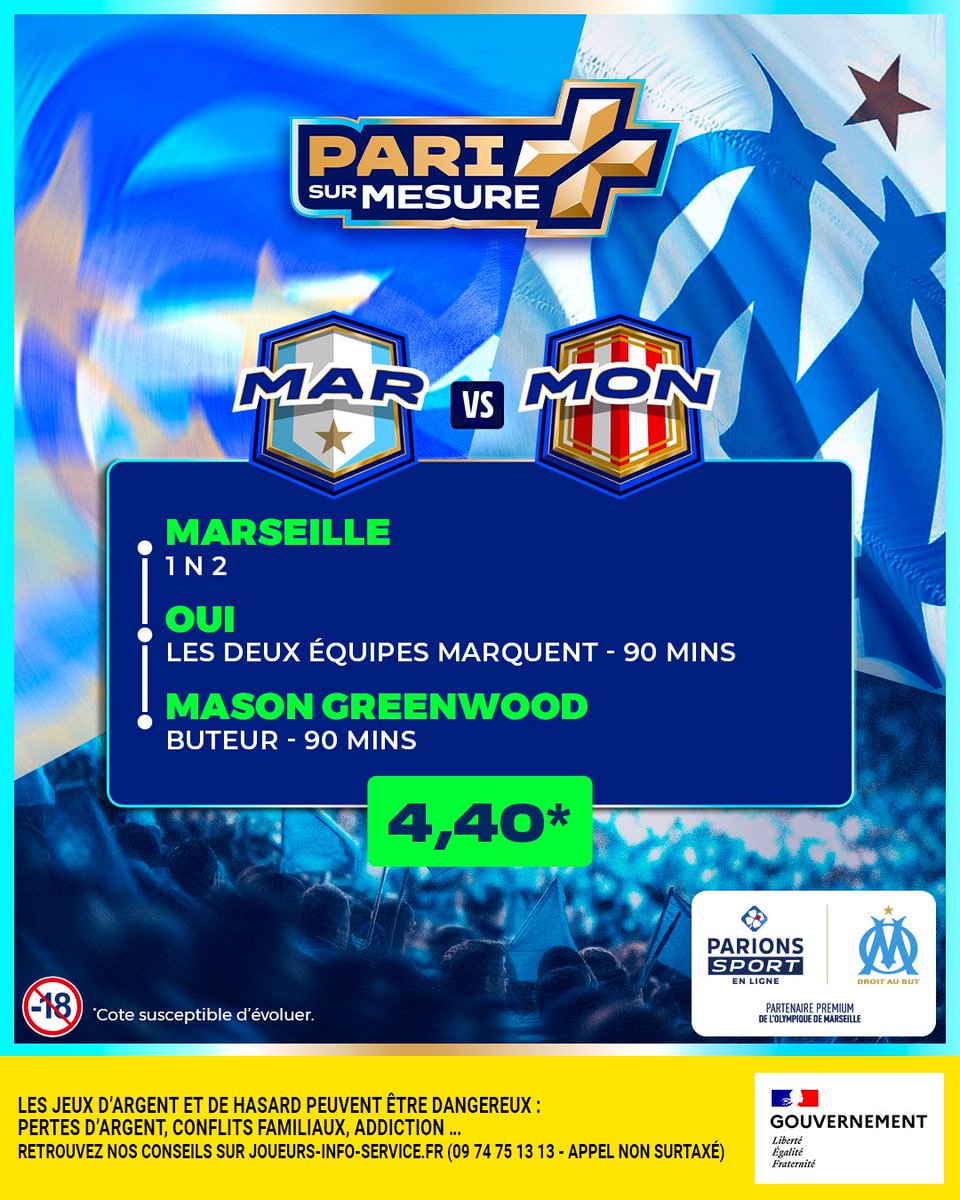 ParionsSport's tweet photo. 🤩 Notre #PariSurMesure pour OM-Monaco !

🤔 Ça fait 3/3 ? 
👉 5x20€ de freebet

Pour jouer :
🔄 RT + Follow
📆 TAS le 15/12 
📃 Règlement : https://t.co/MiLlNeE5Px https://t.co/UFchClZiAc