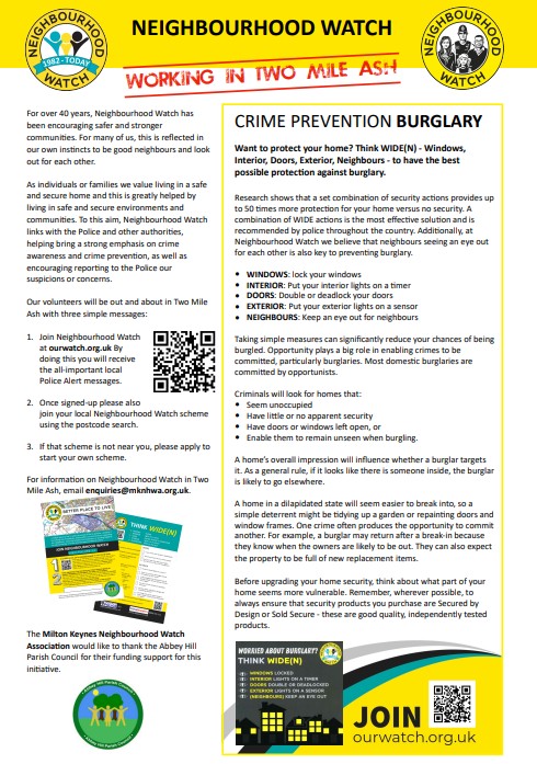 Abbey Hill Parish Council &amp; MK  Neighbour Hood Watch will be working in partnership over the coming months.

The Partnership will be looking to not only advise on crime prevention but will look at reducing anti social behaviour in our community.