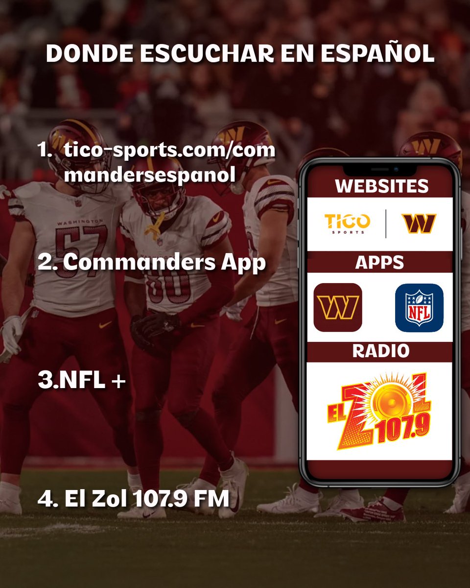 KCTicoSports's tweet image. ¡Hoy juega los @Commanders en su decimocuarto partido de la temporada 2025!
El equipo se enfrenta a @Giants a la 1:00 PM ET.

Escucha con Moisés Linares y De Juan Romero.
Escucha en: tico-sports.com/commandersespa…

¡Vamos Commanders!
#HTTC #TakeCommand #DCFootball