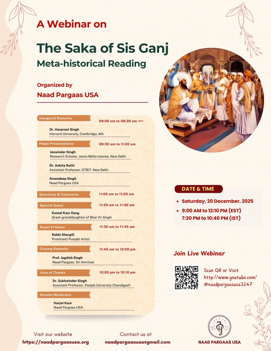 Naad_Pargaas's tweet photo. Join us for “The Saka of Sis Ganj: Meta-historical Reading”, a special webinar organized by Naad Pargaas USA.

📅 20 Dec 2025
⏰ 9 AM EST | 7:30 PM IST https://t.co/HHh6ksiF6z
