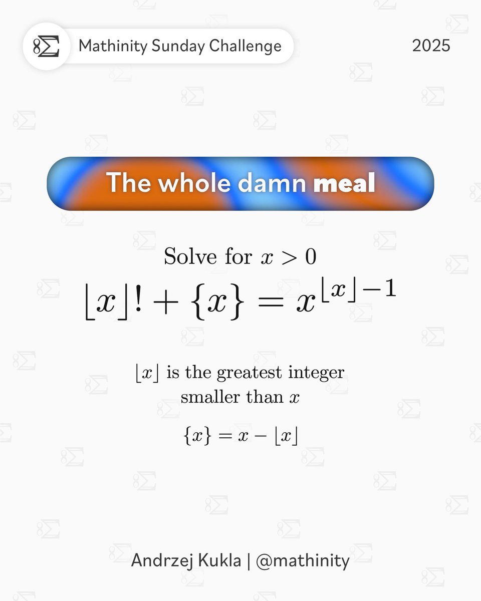 Mathinity_'s tweet photo. The floor strikes again, in this 5 years old open* problem 🗿 have fun solving it! NYEH HEH HEH!

* there is nothing open about this problem, I’m just kidding. In fact, even the set of solutions isn’t open. https://t.co/PsGhGaIXbU