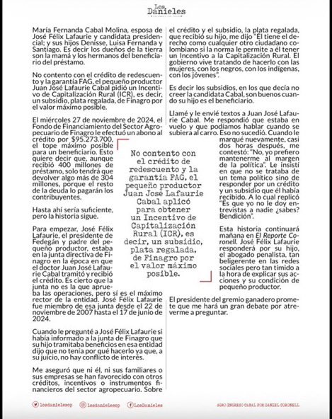 🥴 Entonces, El hijo de Cabal: Juan José Lafaurie Cabal se presentó como “pequeño productor” para recibir subsidios públicos de Finagro mientras su papá José Félix Lafaurie era directivo de Finagro… Ve, y los vagos que queríamos todo regalado éramos nosotros… #AgroIngresoCabal