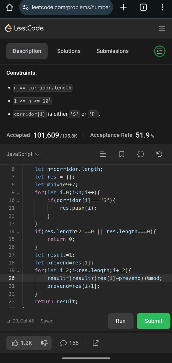 Pratikshak19332's tweet image. 🚀 438 Days of @LeetCode #POTD  🏆

👉 Odd seats → no valid dividers ❌
👉 Even seats → (plants between seat pairs + 1) ways ✅

I had the idea, but @CSwithMIK explanation made it crystal clear 🙌
🎉 Shoutout to @CSwithMIK for the amazing breakdown 🔥

#LeetCode #DSA