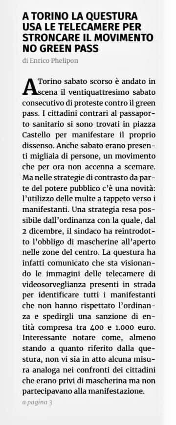 Erinni15's tweet image. Torino 2021, durante le manifestazioni contro il #GreenPass, la questura ha adottato una nuova strategia: visionare le riprese delle telecamere di sorveglianza per identificare e multare i manifestanti che non indossavano la #mascherina, obbligatoria per ordinanza.
#covid