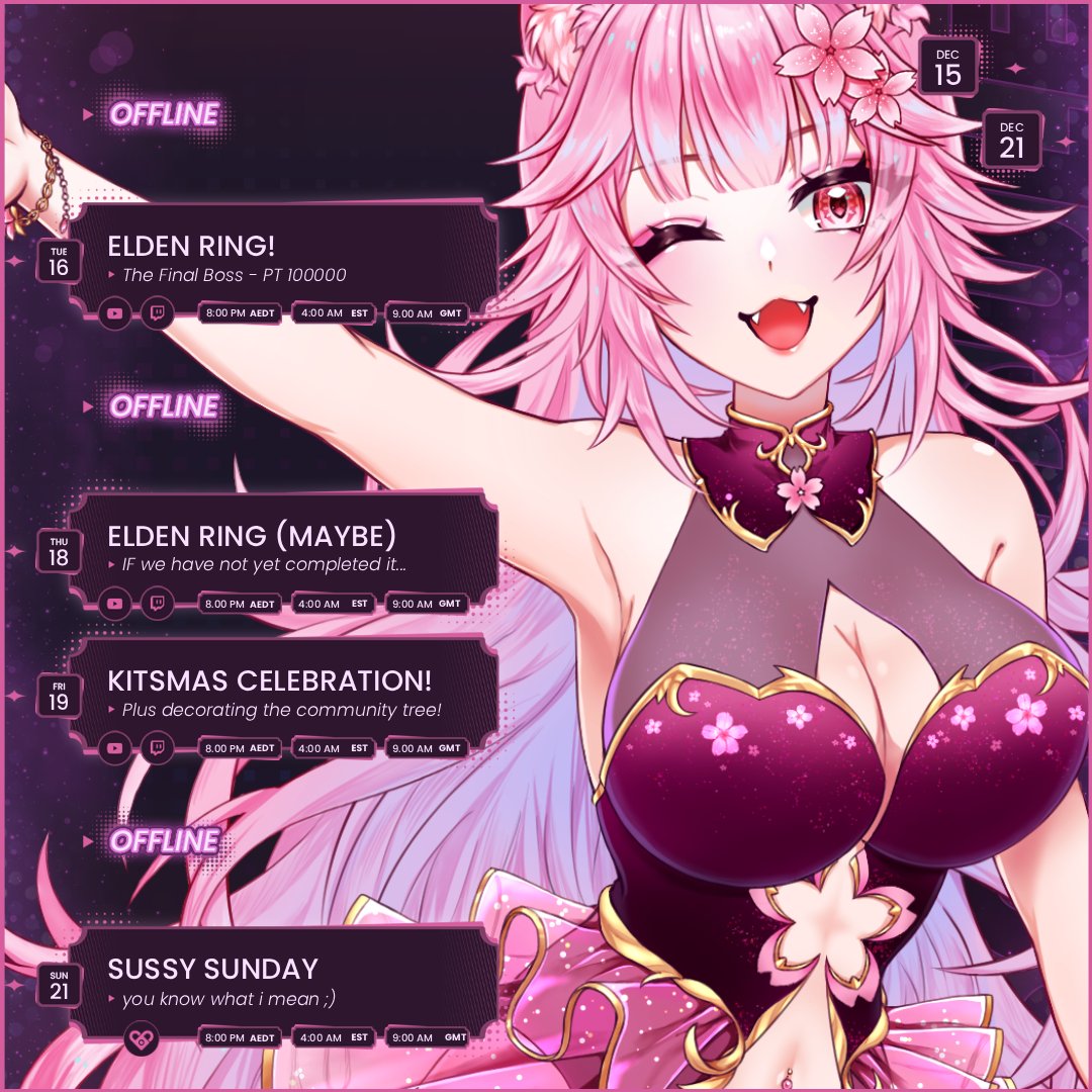 kitsfu's tweet image. This week's streaming schedule 🌸  I'm so close to finishing Elden Ring