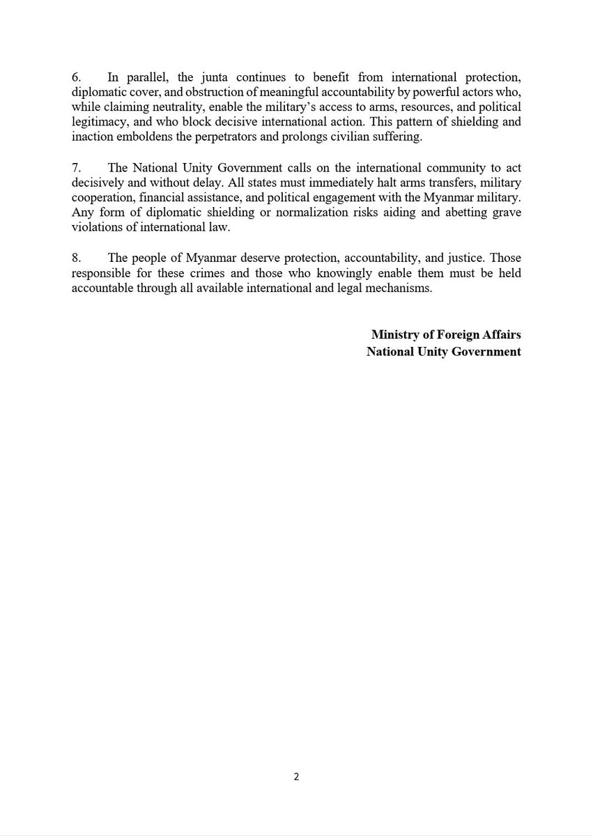Statement (9/2025) 13 Dec. 2025
Call on the International Community Regarding Aerial Attacks and War Crimes by the Military Junta, Including the Recent Bombing of a Hospital in Mrauk-U

The NUG condemns the military junta’s campaign of terror amounting to crimes against humanity.