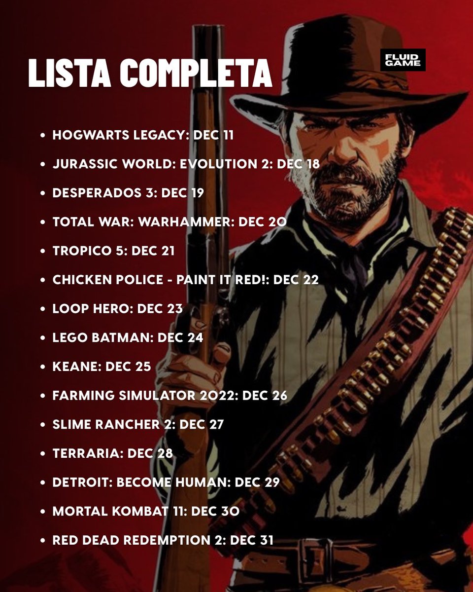 Lista de jogos grátis da Epic Games Store deste Natal pode ter vazado. Os destaques vão para Hogwarts Legacy que já foi anunciado, Terraria, Detroit:
Become Human, Mortal Kombat 11 e Red Dead Redemption 2, lançado em 2018. A informação ainda não foi confirmada.