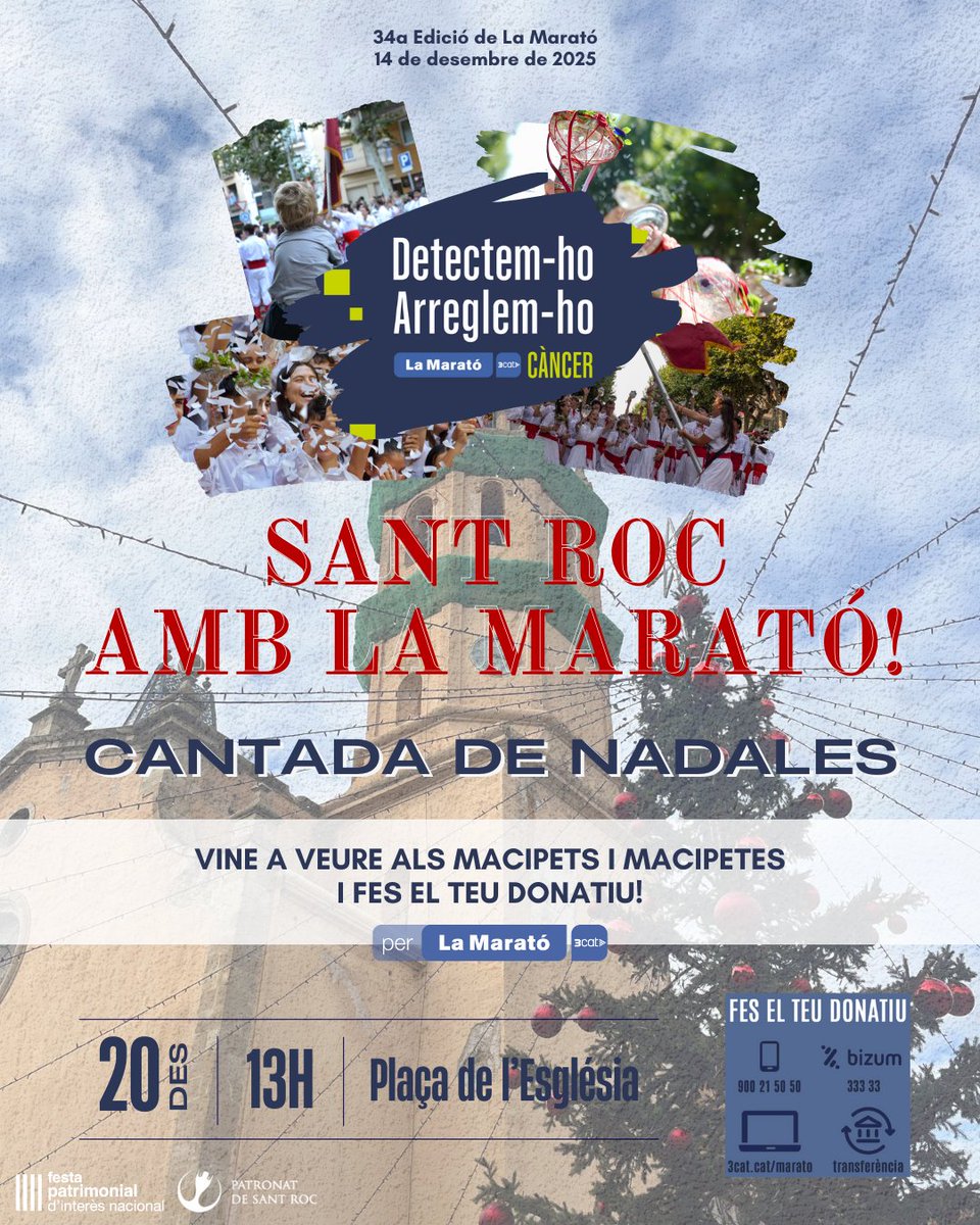 Us convidem el proper dissabte 20 de desembre a viure la màgia de la Cantada de Nadales dels macipets/es! 🎄☃️🎶

Enguany, s’emmarca dins la 34a edició de La Marató de 3cat. Durant l’acte es podran fer donatius destinats a la recerca contra el càncer.

❤️🤍 Us hi esperem!