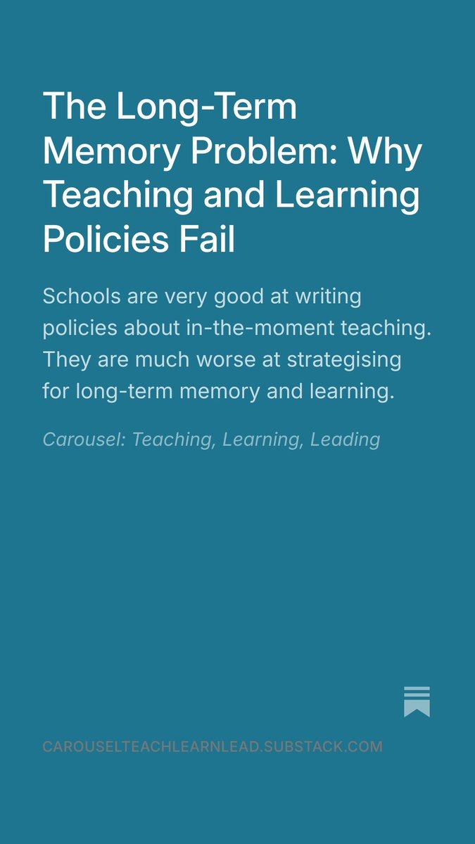 NEW POST

Schools rightly spend a lot of time thinking about classroom teaching and in-the-moment learning and lesson structure. But without a plan for long-term memory, we are probably wasting our time.

Link in reply, please do share if you can 🙏🙏