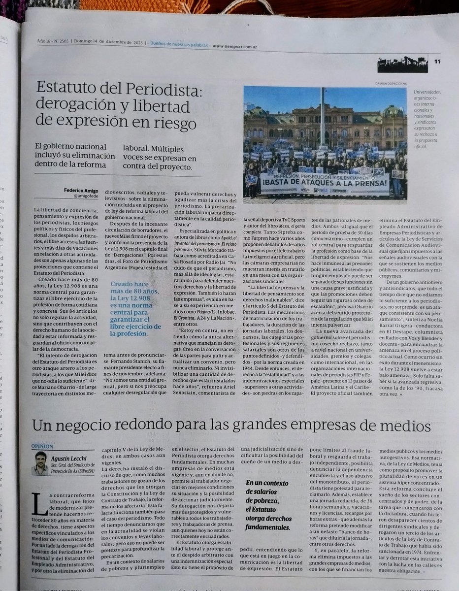 El proyecto de contrarreforma laboral que impulsa Milei elimina el Estatuto del Periodista y artículos de la ley audiovisual claves para la economía de medios públicos, comunitarios y la producción de cine. Lo analizan <a href="/amigofede/">Amici 🤛</a> y <a href="/AguLecchi/">Agu Lecchi</a> en <a href="/tiempoarg/">Tiempo Argentino</a>