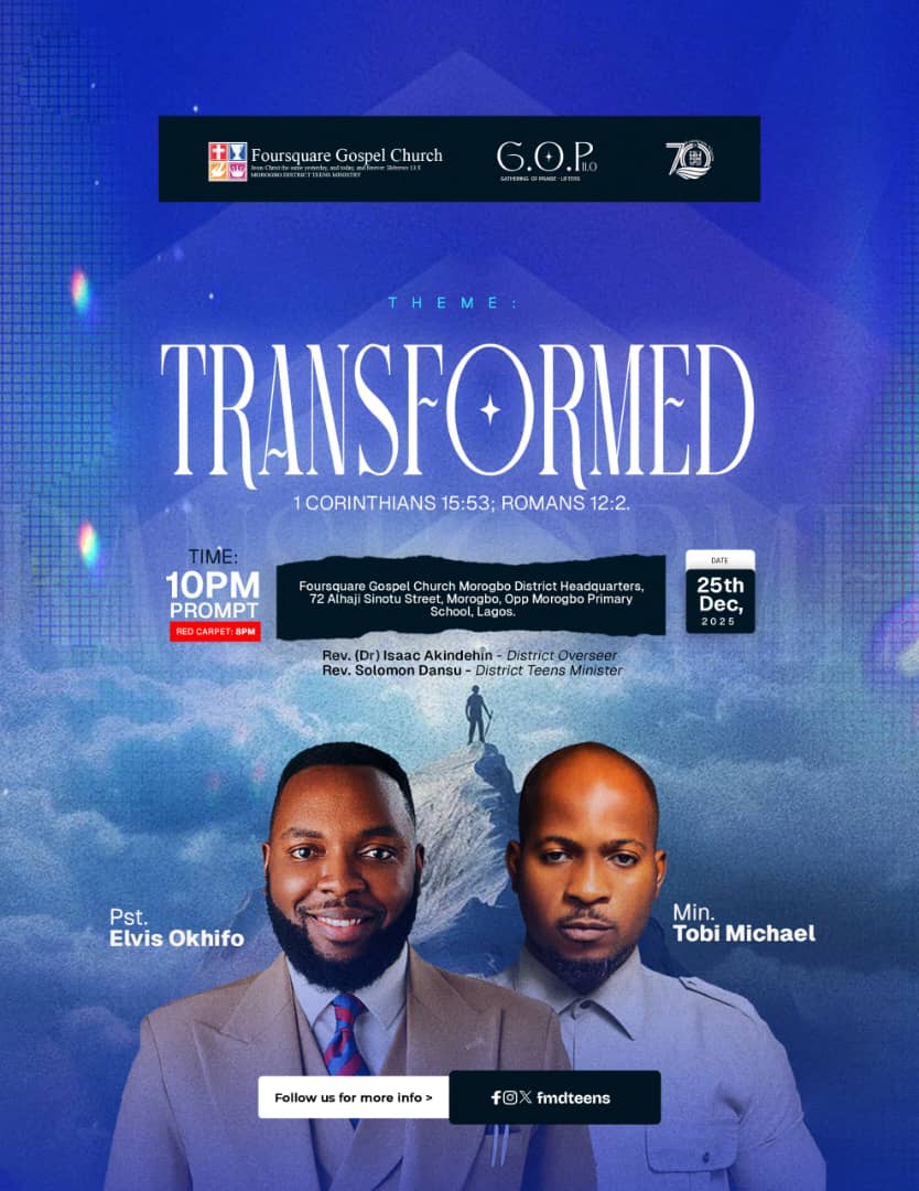 FMDteens's tweet photo. GOP is here again!🥳

This is more than a meeting.

It is a divine moment where lives are renewed, minds are reshaped, and hearts are aligned with God’s purpose.

Get ready to worship the Maker.
Come one, come all. 🙏🔥✨

#GOP11.0 #CityOfMorogbo #December2k25  #Transformed https://t.co/0z3zbFXfsI