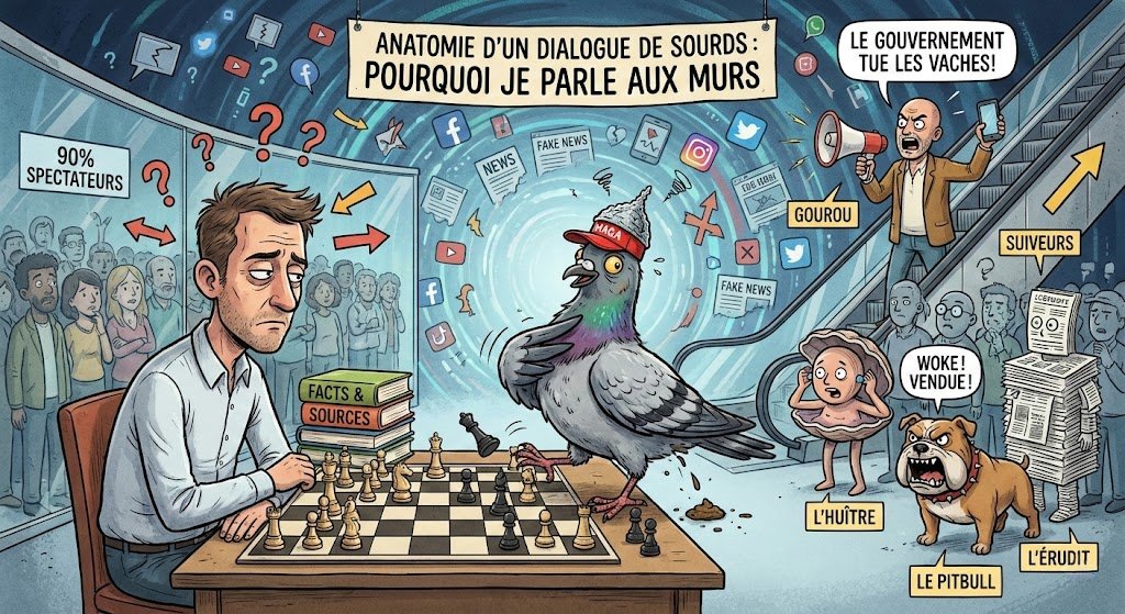 lactetue's tweet image. Anatomie d'un dialogue de sourds : Pourquoi je parle aux murs (pour sauver ceux qui les regardent)

On est dimanche. Dehors, le monde tourne (à peu près) rond, mais sur X (ex-Twitter), la gravité semble avoir été abolie par décret.

Ça fait quelques jours que je m'amuse à un jeu…