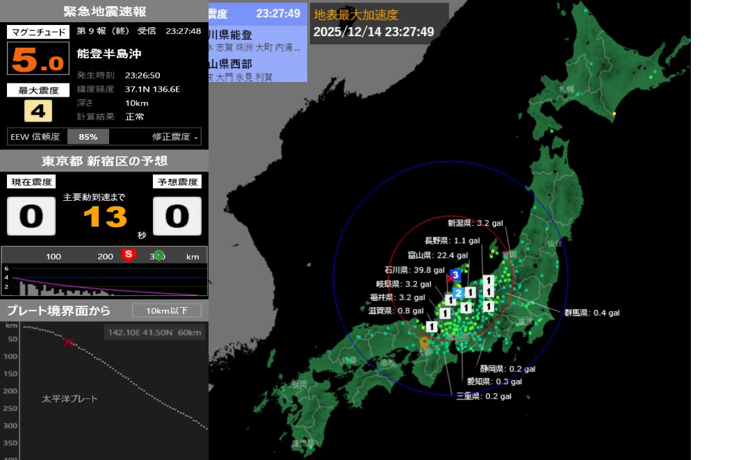 地震情報】 2025/12/14 23:27:51現在 第9報(終) 予報 発生時刻：23:26
