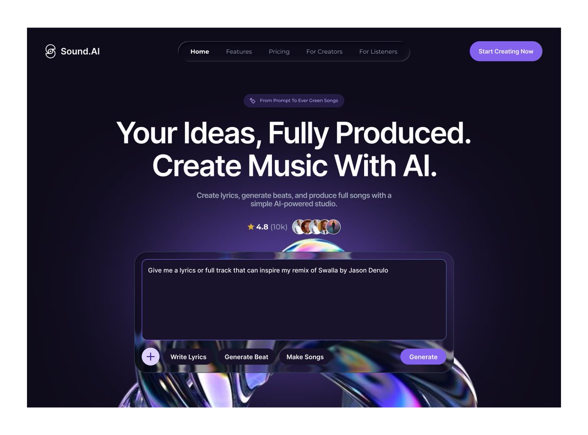 Currently designing the hero section for an AI music generation product landing page.

This part of the page does the main work, clear messaging, strong visuals, instant product understanding, and a reason for users to stay, explore, and eventually use your product.

#opentowork