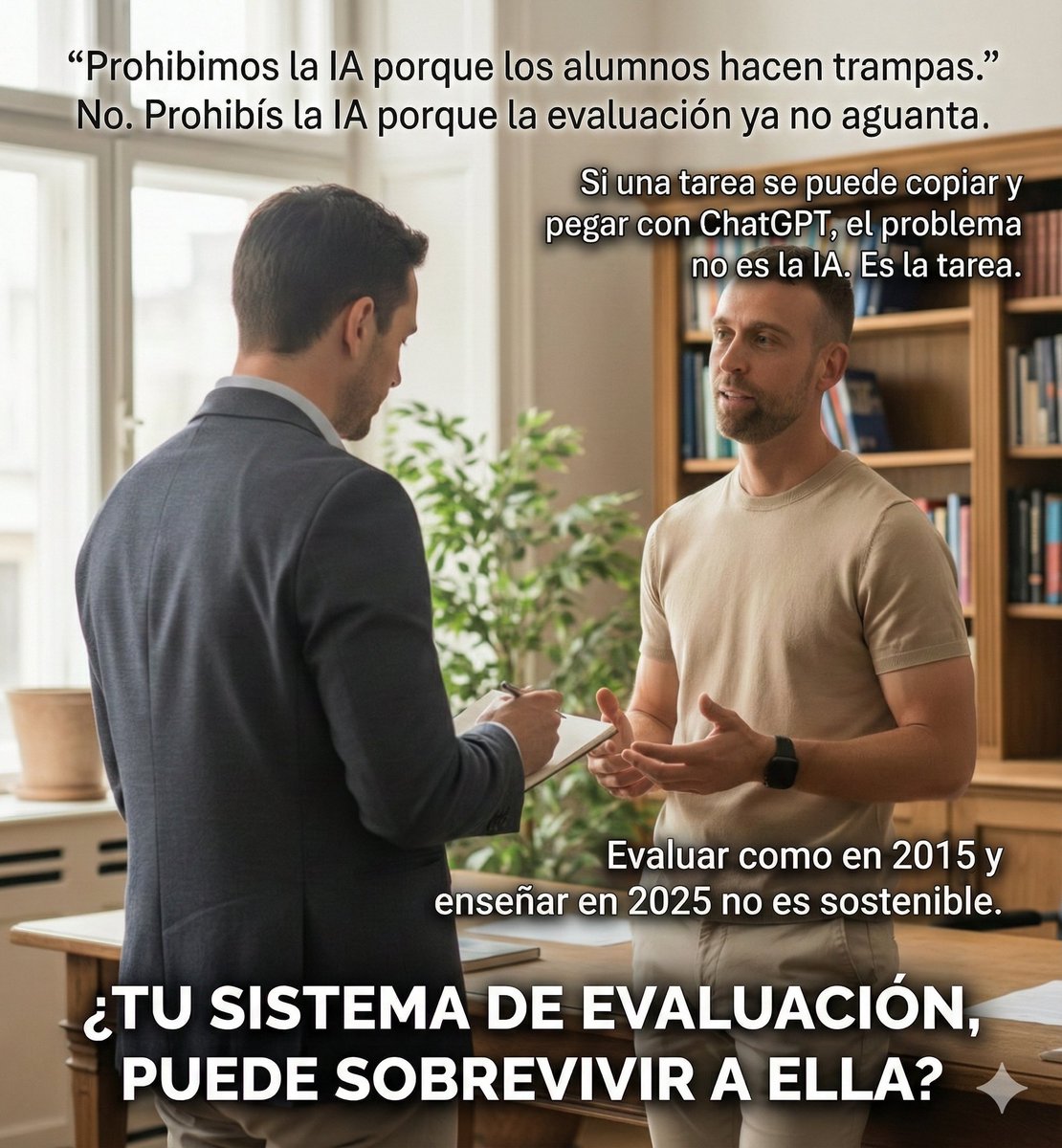 Esta semana hablé con un docente de un centro que no voy a nombrar.

Me dijo algo que me dejó pensando:
“Prohibimos la IA porque los alumnos hacen trampas.”

Y le contesté:
No. Prohibís la IA porque la evaluación ya no aguanta.

Si una tarea se puede copiar y pegar con ChatGPT,