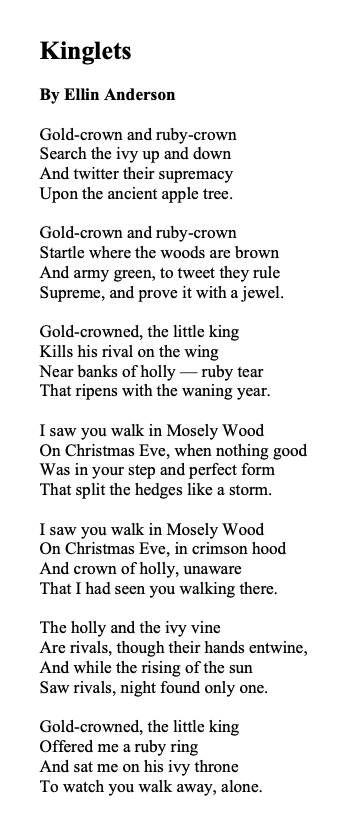 ellin_anderson's tweet photo. @SundayFolklore @frome_maude At the #WinterSolstice, Light and Darkness will do battle and Light will triumph. Ancient #Britain saw this as a contest between #Robin and #Wren, re-enacted here by two tiny but fierce #American #songbirds. #FolkloreSunday #OakKing #HollyKing #kinglets #Solstice #poem #poetry https://t.co/N3FMfUvigy
