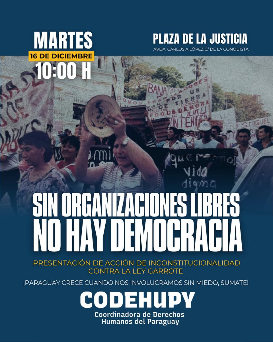 👉🏻La Ley Garrote busca controlar y limitar el derecho de las personas a organizarse, instalando desconfianza y castigo donde hoy hay trabajo comunitario y solidaridad

Presentación de Acción de Inconstitucionalidad contra Ley Garrote
📆martes 16/12 
🕒10 h
📍Plaza de la Justicia