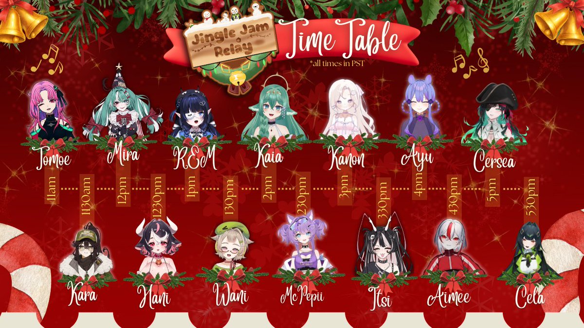 Excited? Here's the Jingle Jam Relay Time Table! 🎄🎶

The waiting room is in the link down below.

Unfortunately, Mimi will not be able to make it due to tech issues (let's all be mad at her ISP together) Please support Kaia who is filling the slot in her stead!

#JingleJamRelay