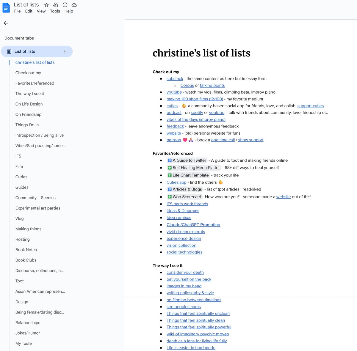 Christine's (<a href="/christineist/">christine</a>) List of Lists is probably my favorite breadcrumbs example

It's just a google doc not attempting to self-describe, but collecting and curating everything she thinks is interesting recently, notes and guides on projects, parties, books