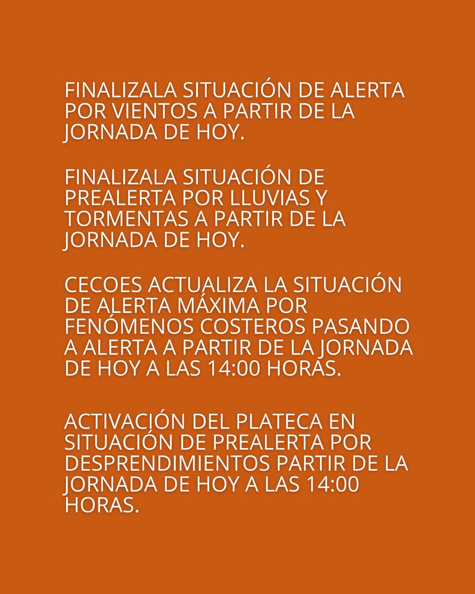 Actualización de las situaciones de prealerta y alerta tras el paso de la borrasca Emilia ✅

A partir de la jornada de hoy, se da por finalizada la alerta por vientos y la prealerta por lluvias y tormentas ℹ️ <a href="/santacruz_ayto/">Ayuntamiento de Santa Cruz de Tenerife</a>