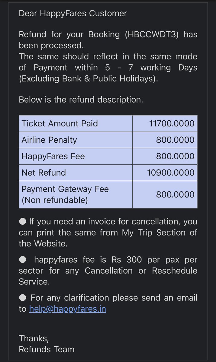 SanketKumar01's tweet photo. @HappyFaresindia @IndiGo6E
This refund receipt is an absolute oxymoron &amp; daylight scam
Indigo approved FULL REFUND, yet ₹800 “airline penalty” deducted?
HappyFares claims ₹300 pp but deducts ₹800? How?Explain this loot.
PNR: M3B73J, Ref: HBCCWDT3
@DGCAIndia @MoCA_GoI @consaff https://t.co/UJlDZADdM5