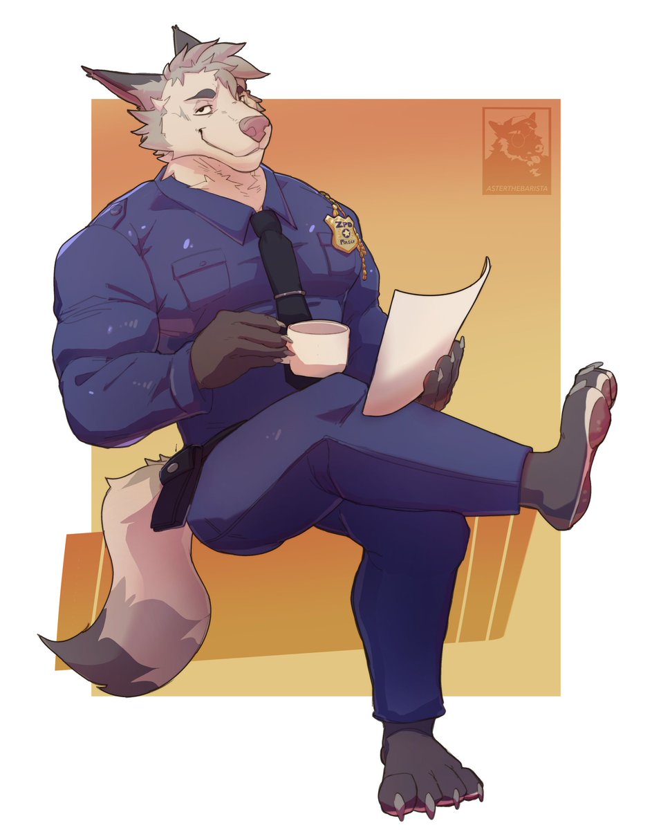 Just a new ZPD wolf enjoying his coffee break at work ☕ 

🎨 <a href="/AsterTheBarista/">AsterTheBarista</a> #Zootopia2fanart
