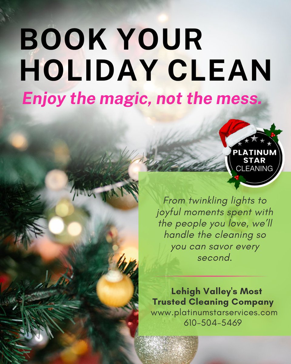 PStarService's tweet image. ✨🎄 From twinkling lights to joyful moments with the ones you love, we’ll take care of the cleaning so you can savor every second of the season. 🏡💛

📅 BOOK YOUR HOLIDAY CLEAN

Platinum Star Cleaning 💖 Lehigh Valley’s Most Trusted Cleaning Company

🌐 platinumstarservices.com