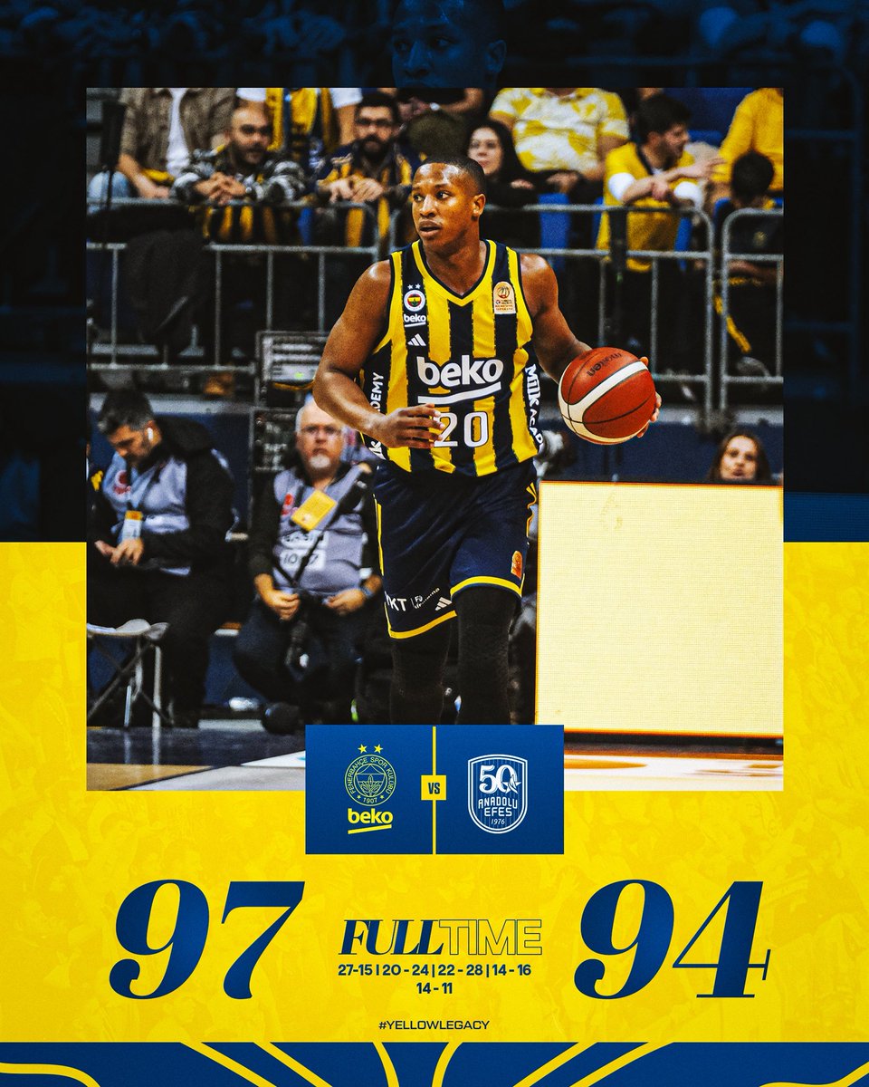 Evimizde kazanıyoruz! 💛💙

Tebrikler Fenerbahçe Beko! 👏

Maç Sonucu | Fenerbahçe Beko 🆚 Anadolu Efes: 97-94

Skor dağılımımız: Biberovic 22, Hall 21, Melli 16, Colson 9, Baldwin 8, Horton-Tucker 7, Melih 6, Metecan 5, Bacot 3. #YellowLegacy