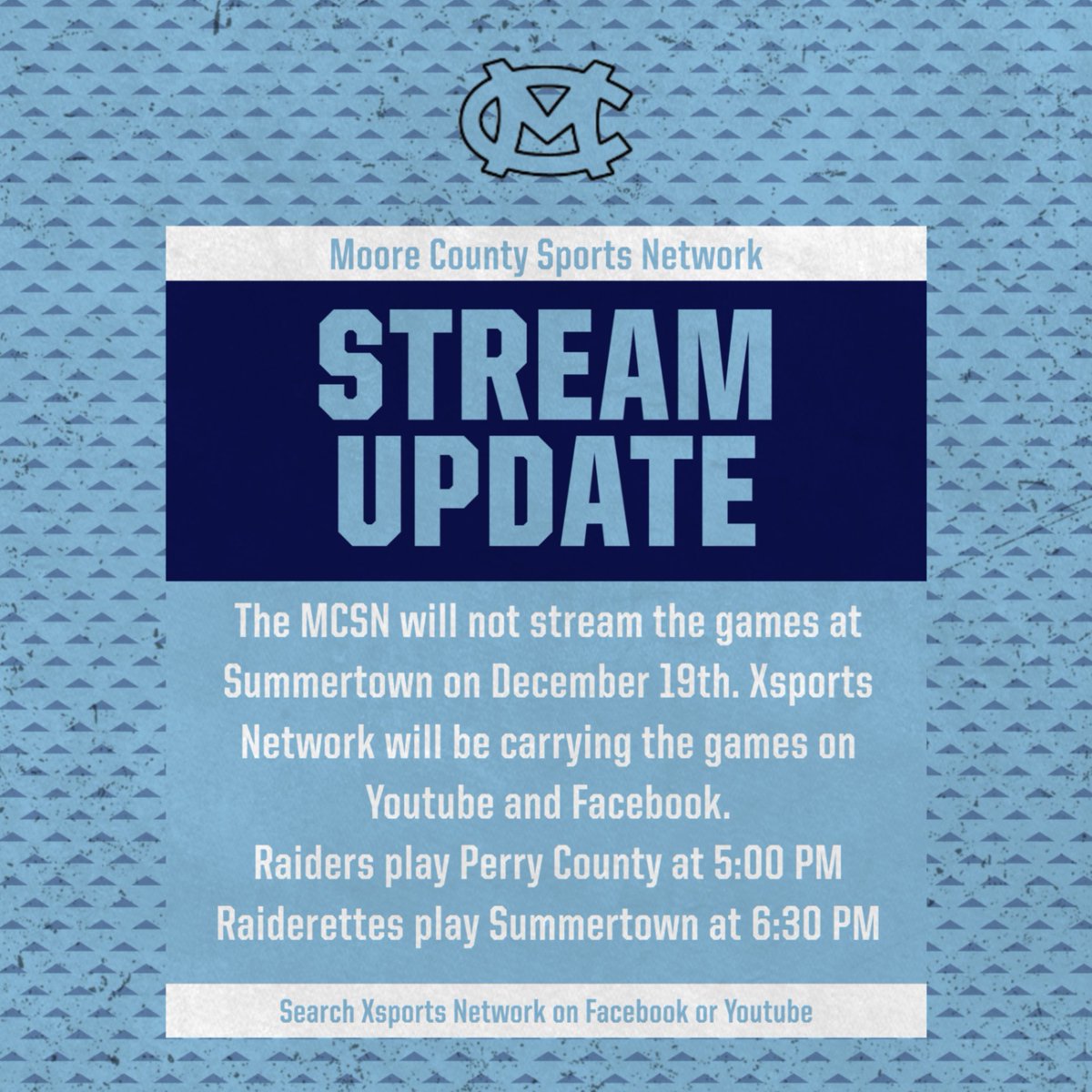 MooreNetwork's tweet image. The Moore County Sports Network will not be traveling to Summertown on December 19th. The games will be streamed on the Xsports Network's YouTube and Facebook channels. 

Facebook - X Sports Network 
YouTube - @xsportsnetwork