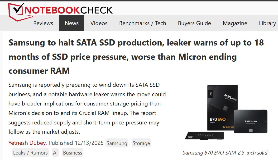 SoyITPro's tweet photo. Sin RAM, sin NVME, GPUs bien costosas y ahora Samsung no piensa fabricar más SSDs SATA 😭

Volvamos a las máquinas de escribir https://t.co/KamKEyDPSb
