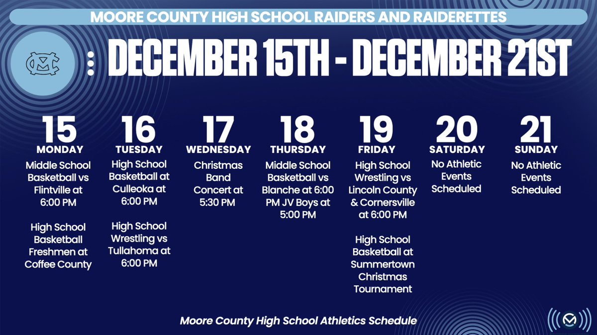 MooreNetwork's tweet image. Moore County Athletic Schedule: December 15th - December 21st

Summertown Christmas Tournament - Dec 19th
Raiders vs Perry County at 5:00 PM
Raiderettes vs Summertown at 6:30 PM
Watch both games on X Sports Network (YouTube &amp;amp; Facebook)
