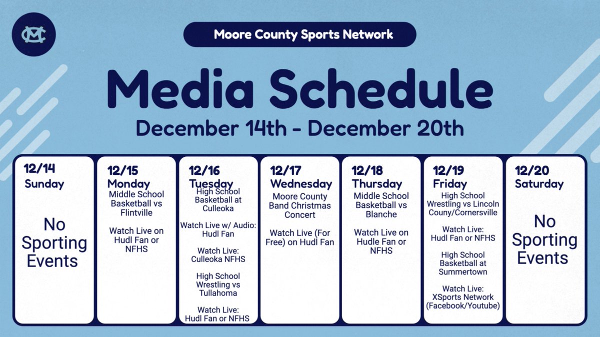 MooreNetwork's tweet image. Moore County Sports Media Schedule - December 14th - December 20th