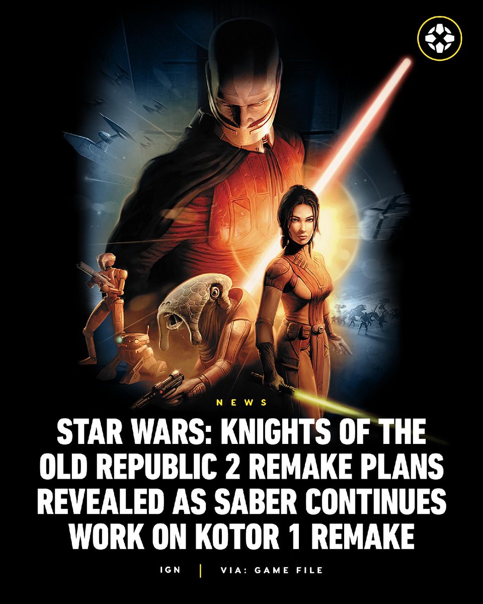 IGN's tweet image. Saber Interactive’s Star Wars: Knights of the Old Republic remake is reportedly still in development, and a KOTOR 2 remake may be on the way as well, with documents revealing it was “technically on the roadmap” as of March 2025. bit.ly/4oI8gTF
