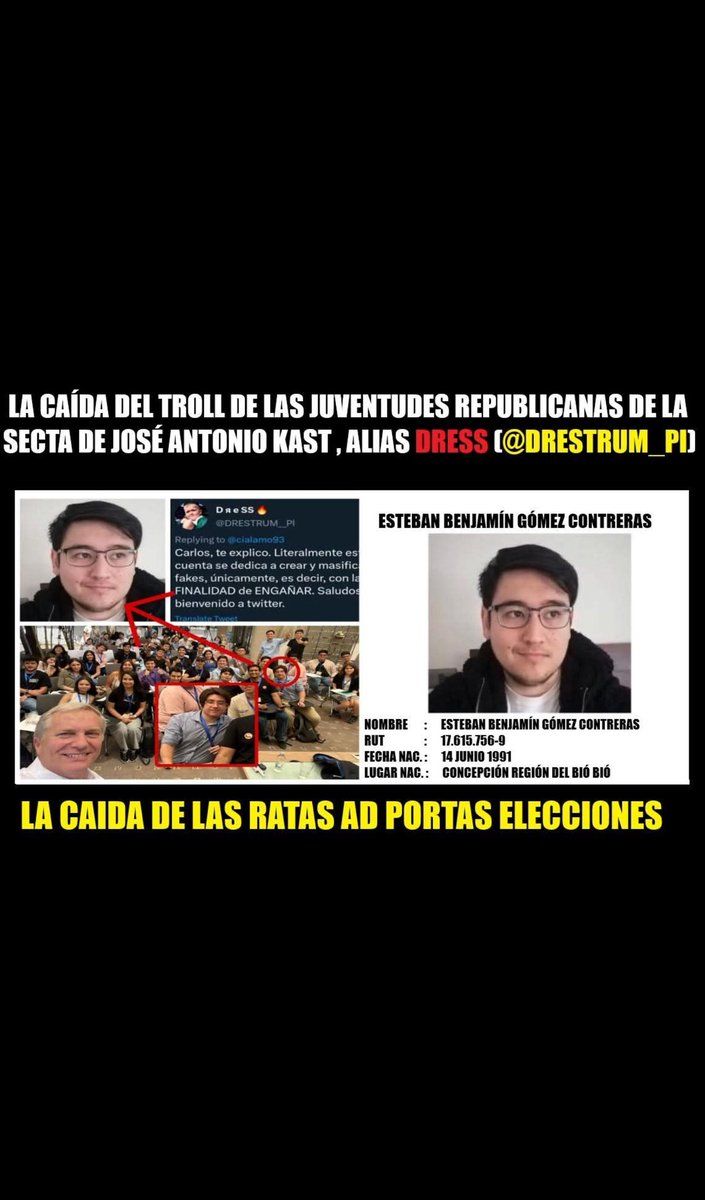 Aedd38's tweet image. IDENTIFICAN AL TROLL "DRESS" QUE MASIFICO NOTIFICACIONES MASIVAS UTILIZANDO APP DE LIPIGAS EN BENEFICIO DE JOSÉ ANTONIO KAST EN PLENA ELECCIONES PRESIDENCIALES.

Esteban Gómez Contreras y militante de las juventudes Republicana es el troll que masifico notificaciones utilizando…
