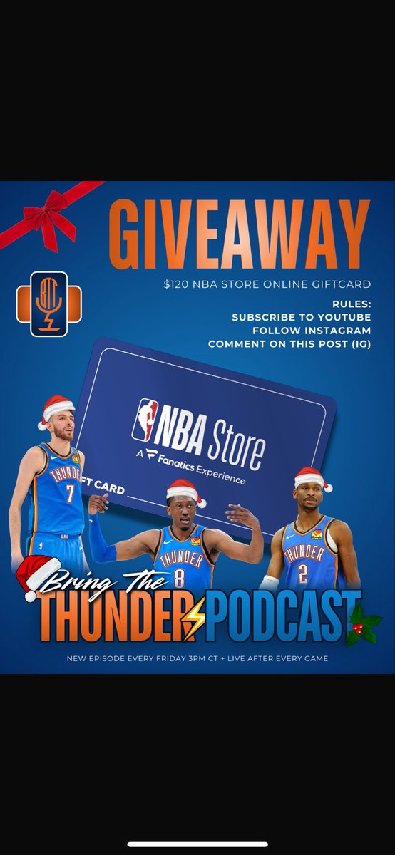 🚨HOLIDAY GIVEAWAY🚨 Chance To Win A $120 NBA Store Gift Card!! 

Entry Rules
1. Subscribe to BTT on YouTube ⚡️
2. Follow @bringthethunderpodcast (IG)
3. Tag two friends on this post (IG)

Good luck to everyone and Happy Holidays⚡️

#okc #okcthunder #thunderup