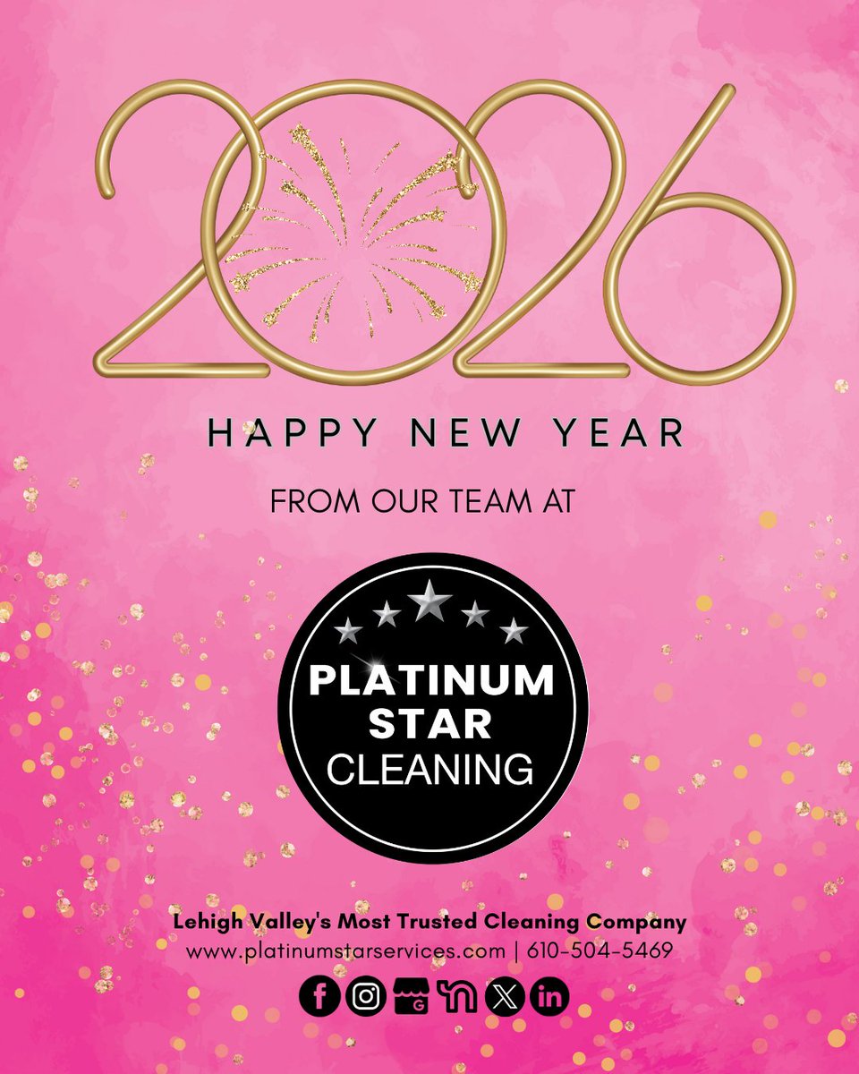 PStarService's tweet image. ✨🥂 Happy New Year!

Wishing you a bright, joyful, and sparkling 2026. Thank you for trusting our team to keep your homes clean and comfortable all year long. 💛

Platinum Star Cleaning💖
Lehigh Valley's Most Trusted Cleaning Company
🌐 platinumstarservices.com | 📞 610-504-5469